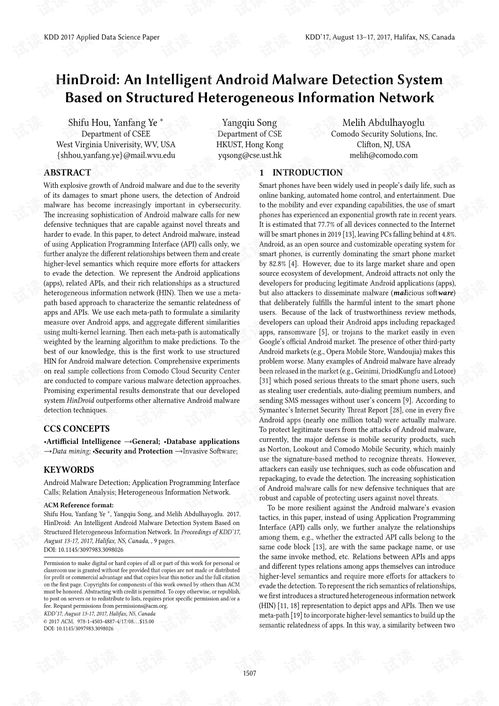 HIN在Android惡意軟件檢測(cè)中的應(yīng)用 KDD2017最佳應(yīng)用論文獎(jiǎng)解析